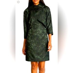 Tahari spruce sz8 sheath & wrap jacket set holiday damask deep forest green NWT